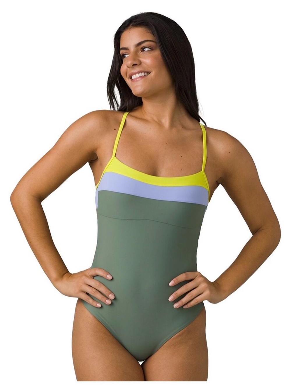 Women’s Sold Out prAna Lurisa One-Piece Color Block Back Tie Up Swimsuit Sz Lrg